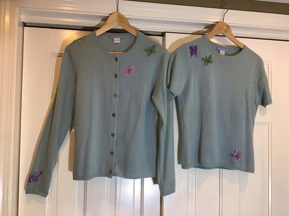 VTG White + Warren 100% Cashmere Sweater Sz S Set Of 2 Beaded Butterfly Luxury